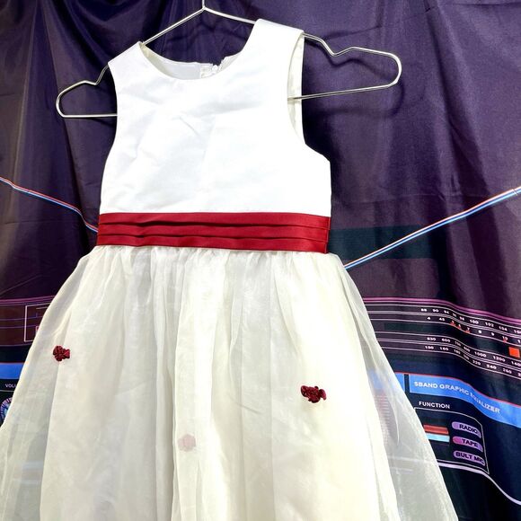 DAVIDS BRIDAL Ivory Satin Tulle Red Rose Detail Formal Dress Girls Size 4 - Picture 4 of 13